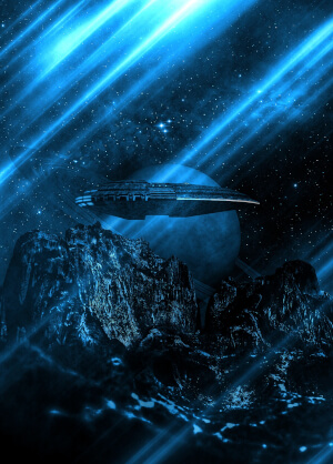 A blue-tinted scene of a spaceship flying over a rocky planet